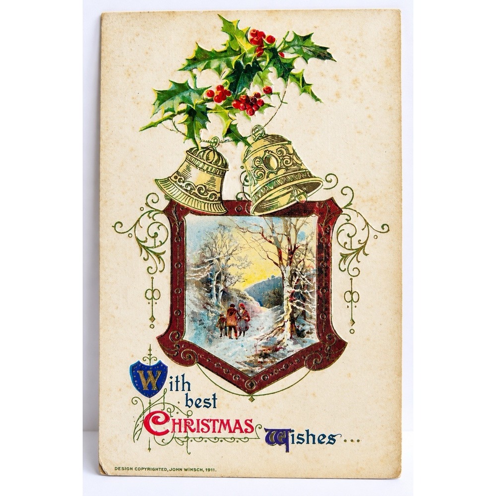 1911 John Winsch Christmas Postcard Holly Bells Winter Scene Embossed Posted